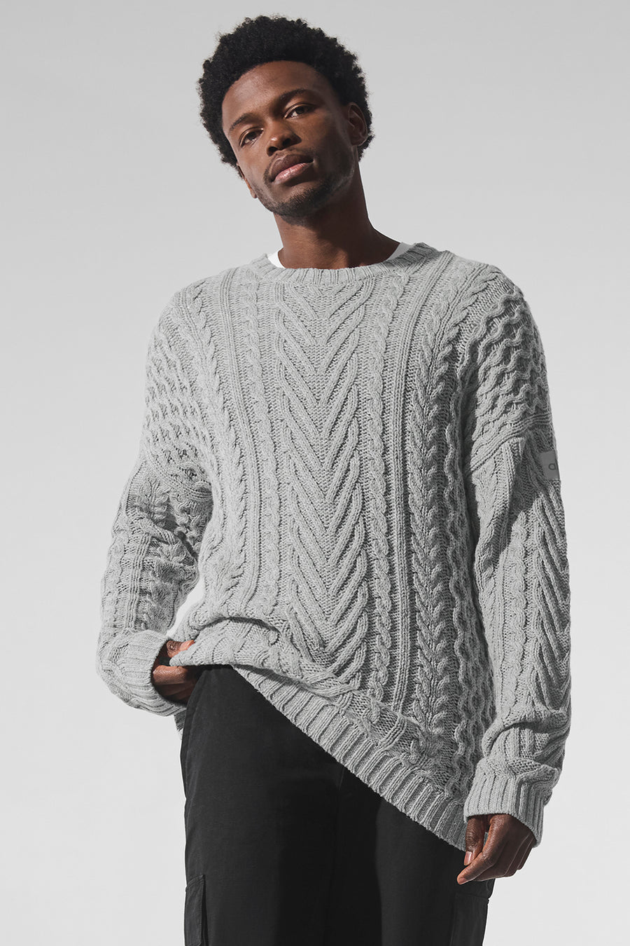 Alo Cable Knit Crew Neck Sweater Athletic Heather Grey