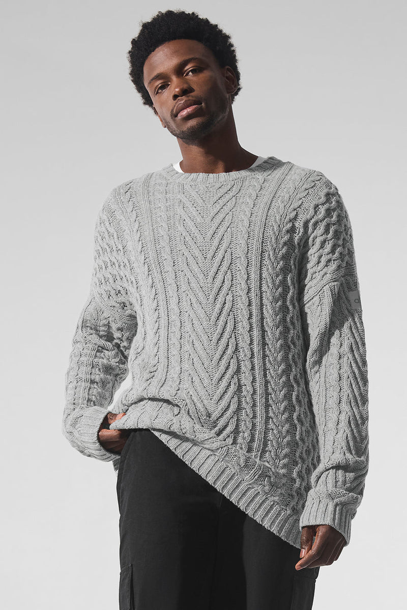 Alo Cable Knit Crew Neck Sweater Athletic Heather Grey