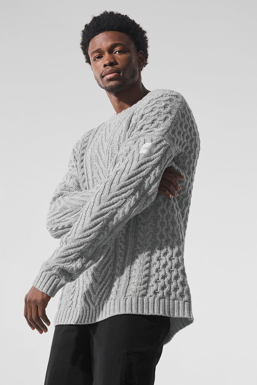 Alo Cable Knit Crew Neck Sweater Athletic Heather Grey