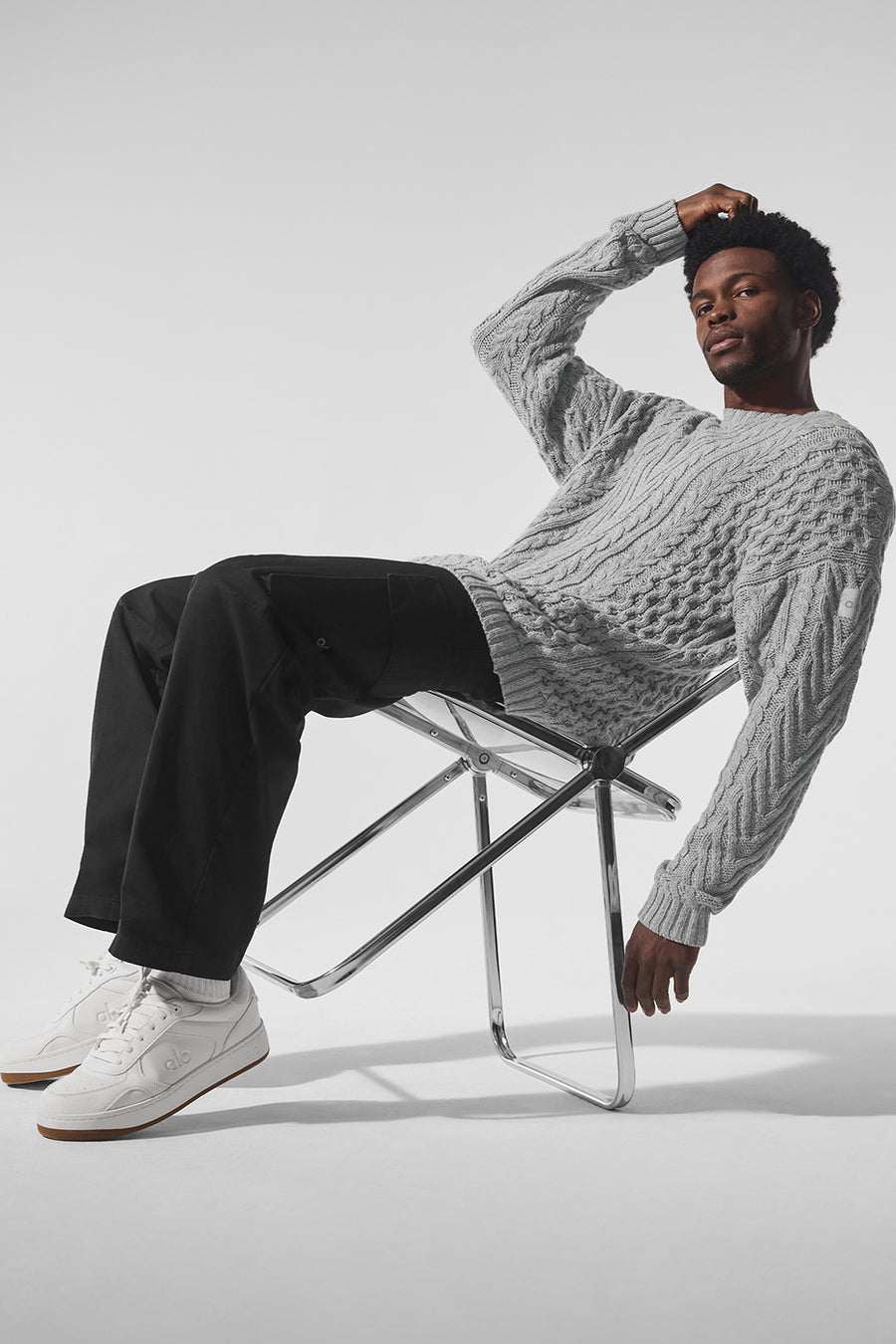 Alo Cable Knit Crew Neck Sweater Athletic Heather Grey