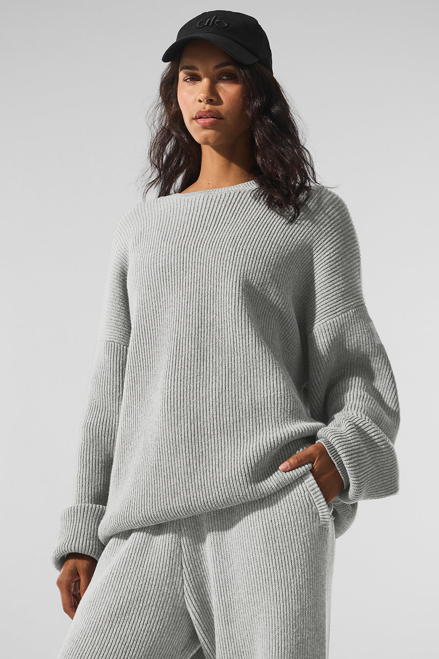 Alo Domain Rib Knit Crew Sweater Athletic Heather Grey