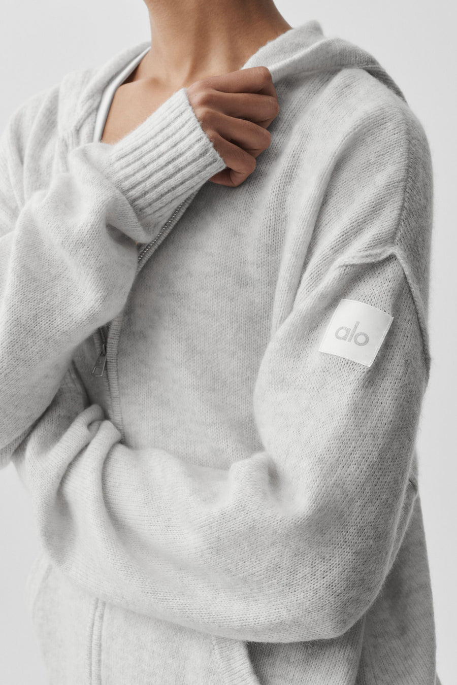 Alo Wool Cashmere New Class Full Zip Hoodie White Heather