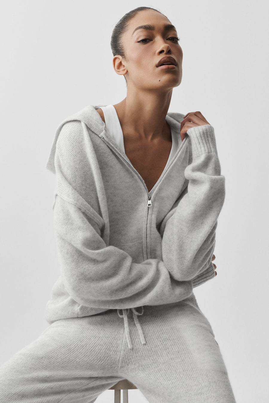 Alo Wool Cashmere New Class Full Zip Hoodie White Heather