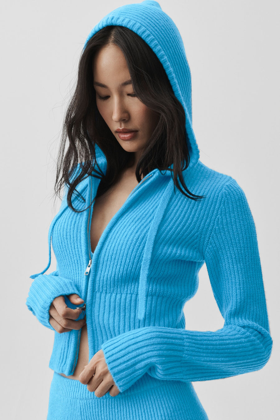 Alo Wool Cashmere Ribbed Noble Full Zip Hoodie Azure Blue