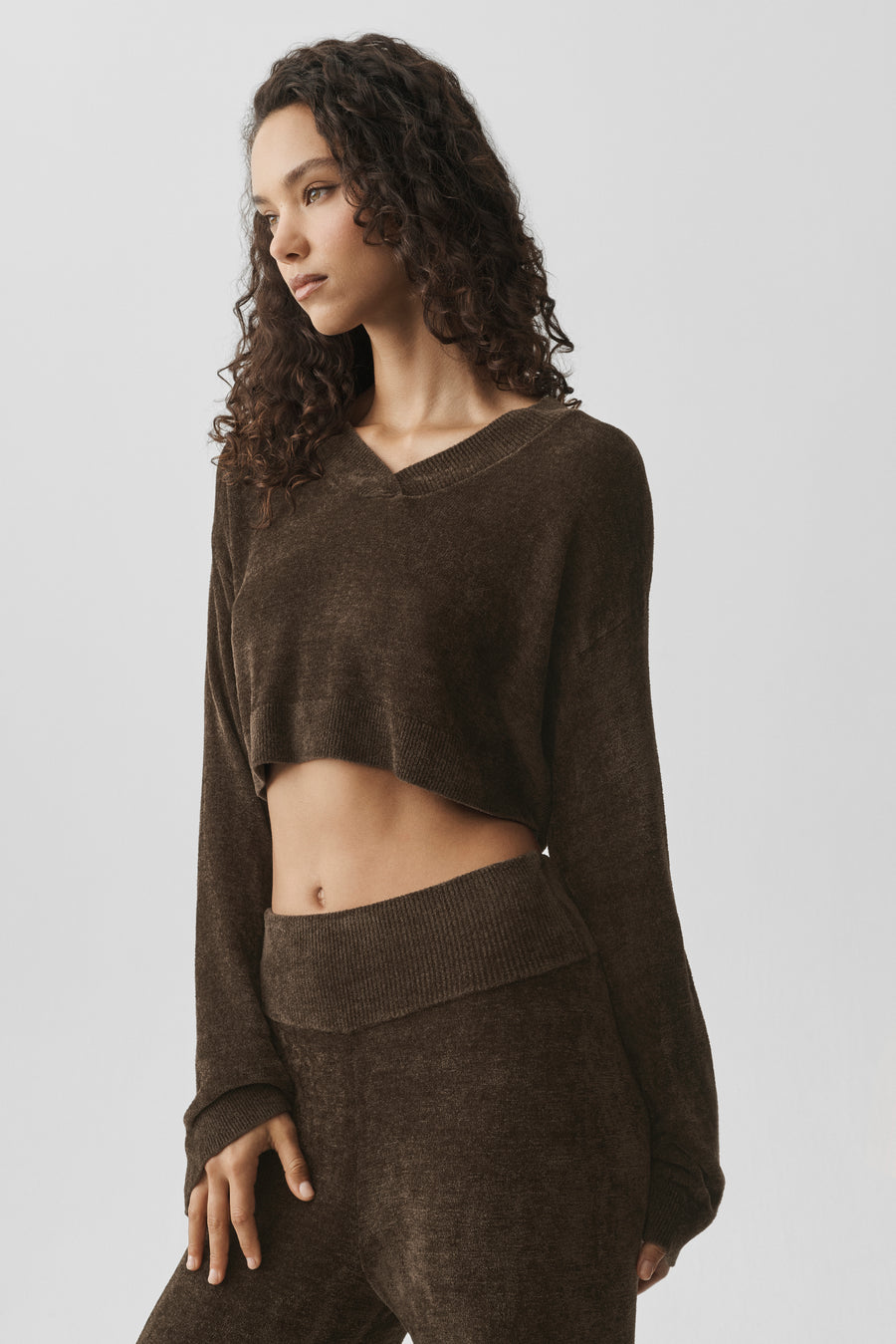 Alo Micro Chenille Cropped V-Neck Coverup Espresso