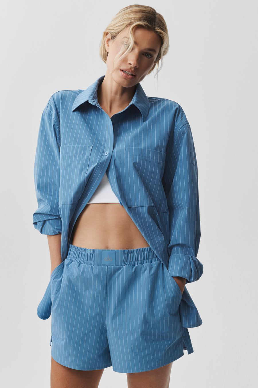 Alo Pinstripe Daylight Button Down Long Sleeve California Blue/White