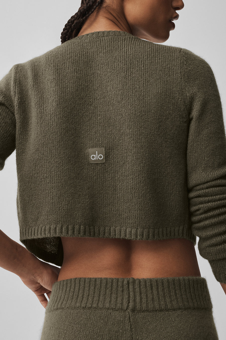 Alo Wool Cashmere New Class Cropped Cardigan Olive Tree