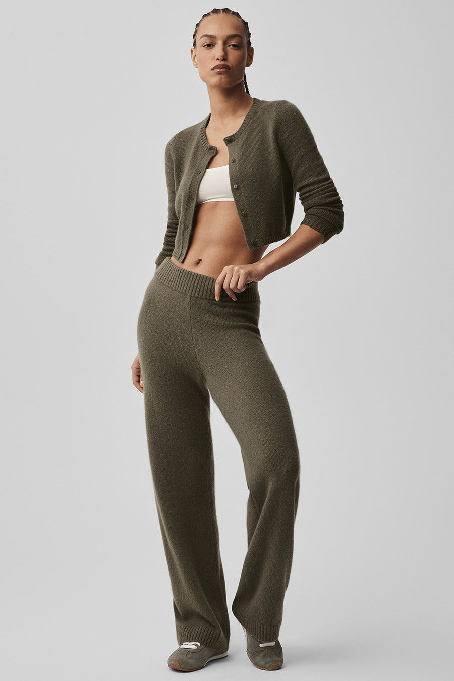Alo Wool Cashmere New Class Cropped Cardigan Olive Tree