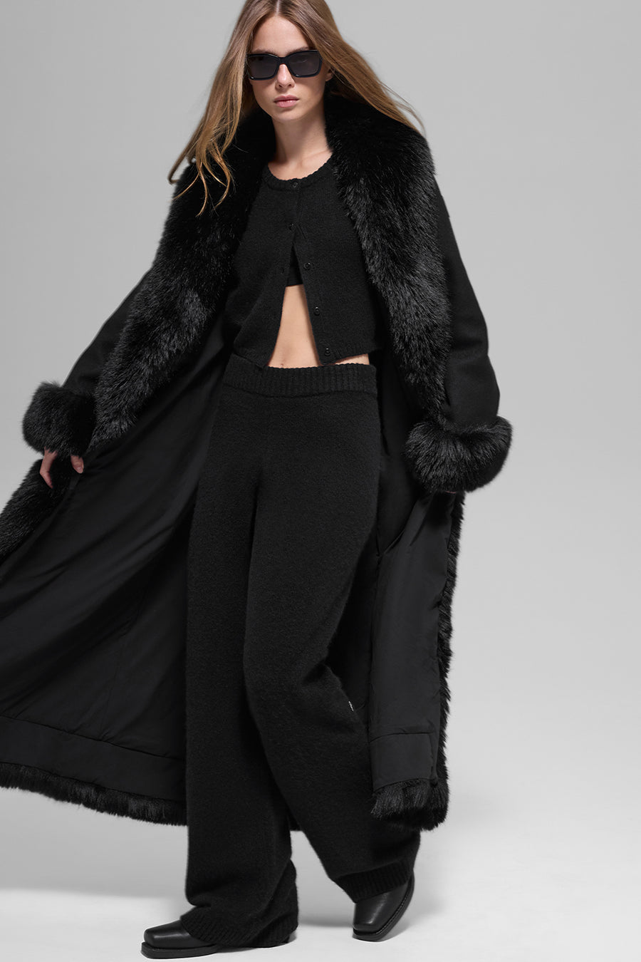 Alo Faux Fur Trimmed Longline Coat Black