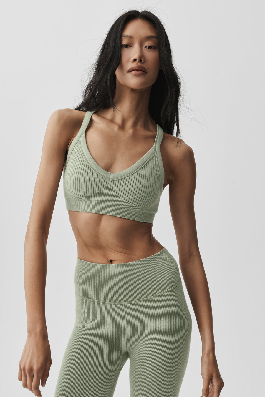 Alo Seamless Two Tone Rib Bra Dune Grass Heather