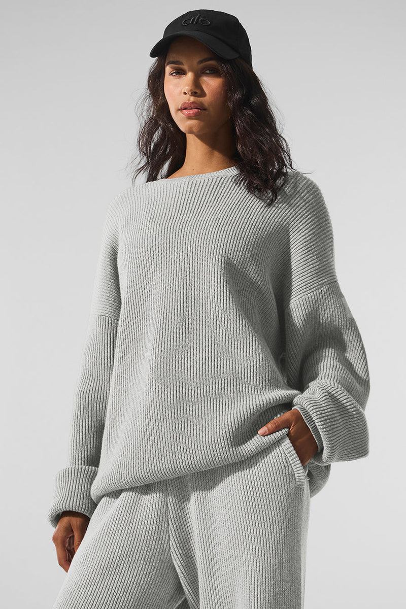 Alo Domain Rib Knit Crew Sweater Athletic Heather Grey