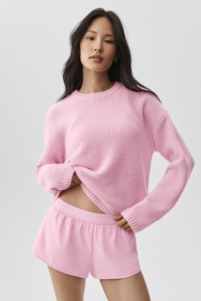 Alo Wool Cashmere Ribbed Noble Crewneck Sweater Pink Marshmallow