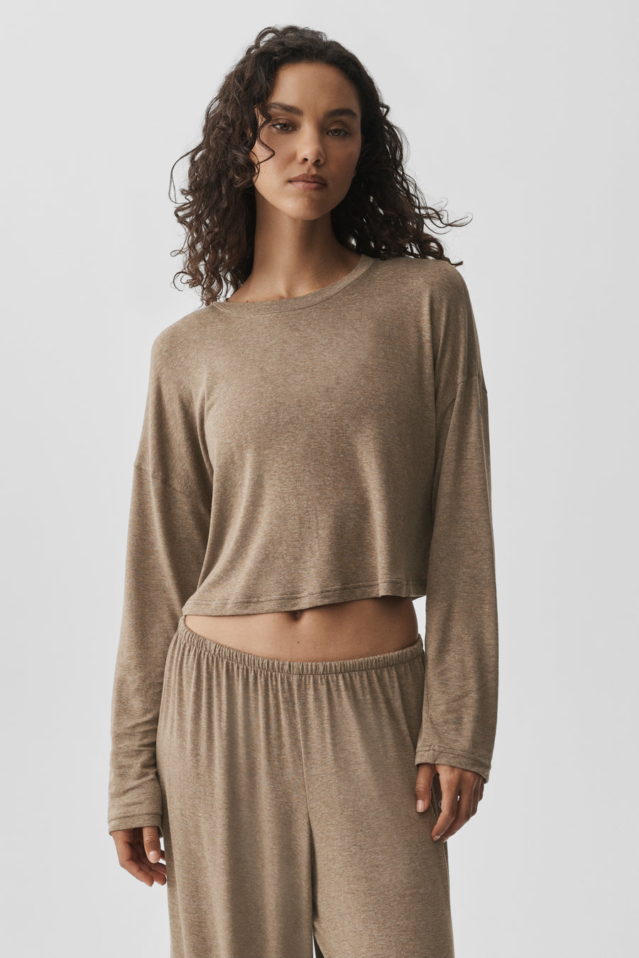 Alo Semi-Sheer Oasis Boxy Long Sleeve Java Brown Heather