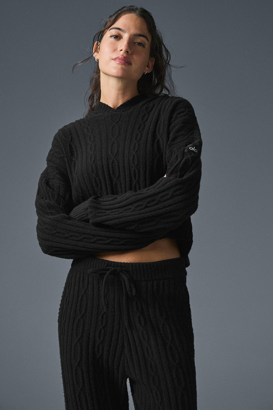 Alo Cable Knit Winter Bliss Hoodie Black