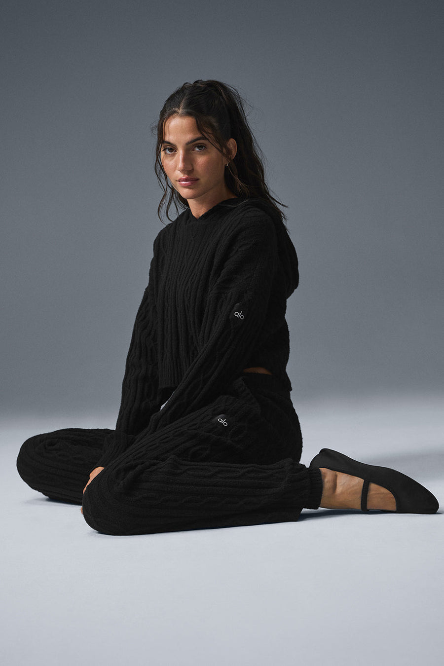 Alo Cable Knit Winter Bliss Hoodie Black