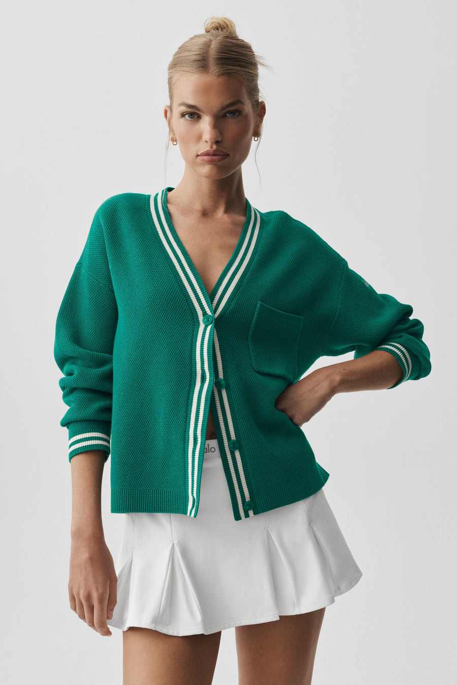 Alo Tennis Club Sweater Knit Cardigan Emerald Isle/Ivory