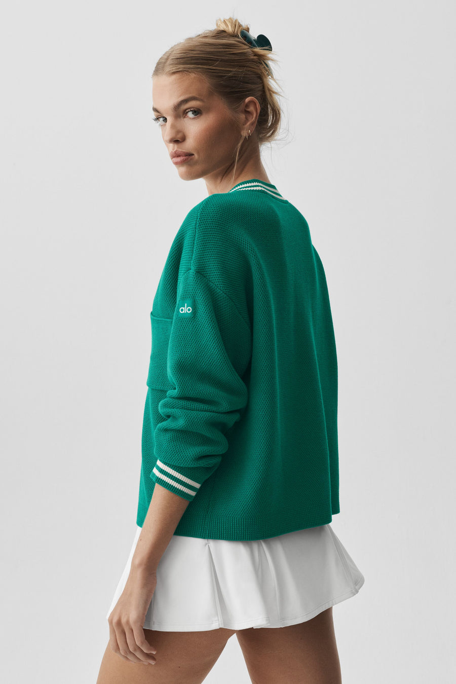 Alo Tennis Club Sweater Knit Cardigan Emerald Isle/Ivory