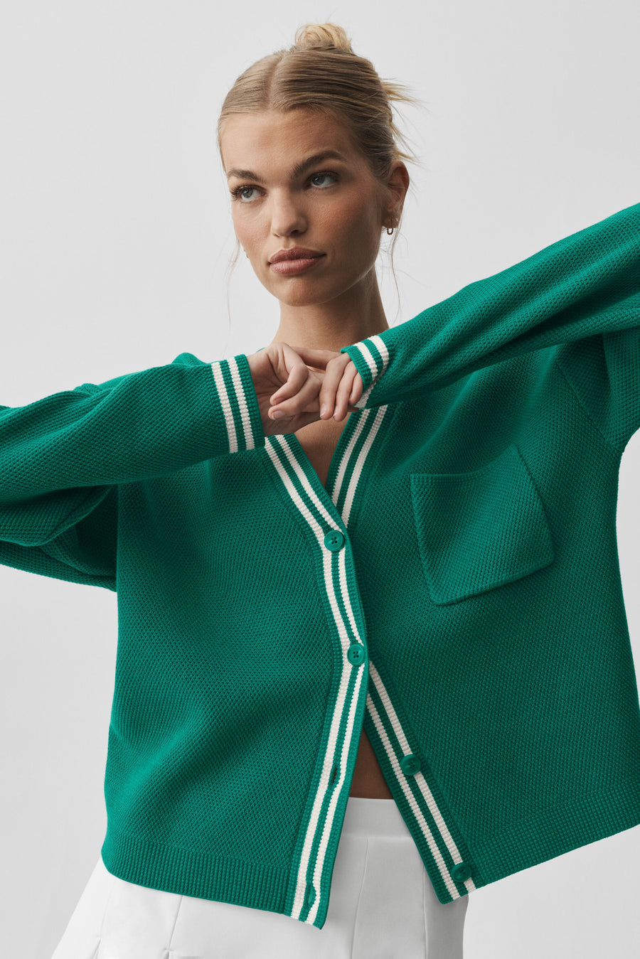 Alo Tennis Club Sweater Knit Cardigan Emerald Isle/Ivory