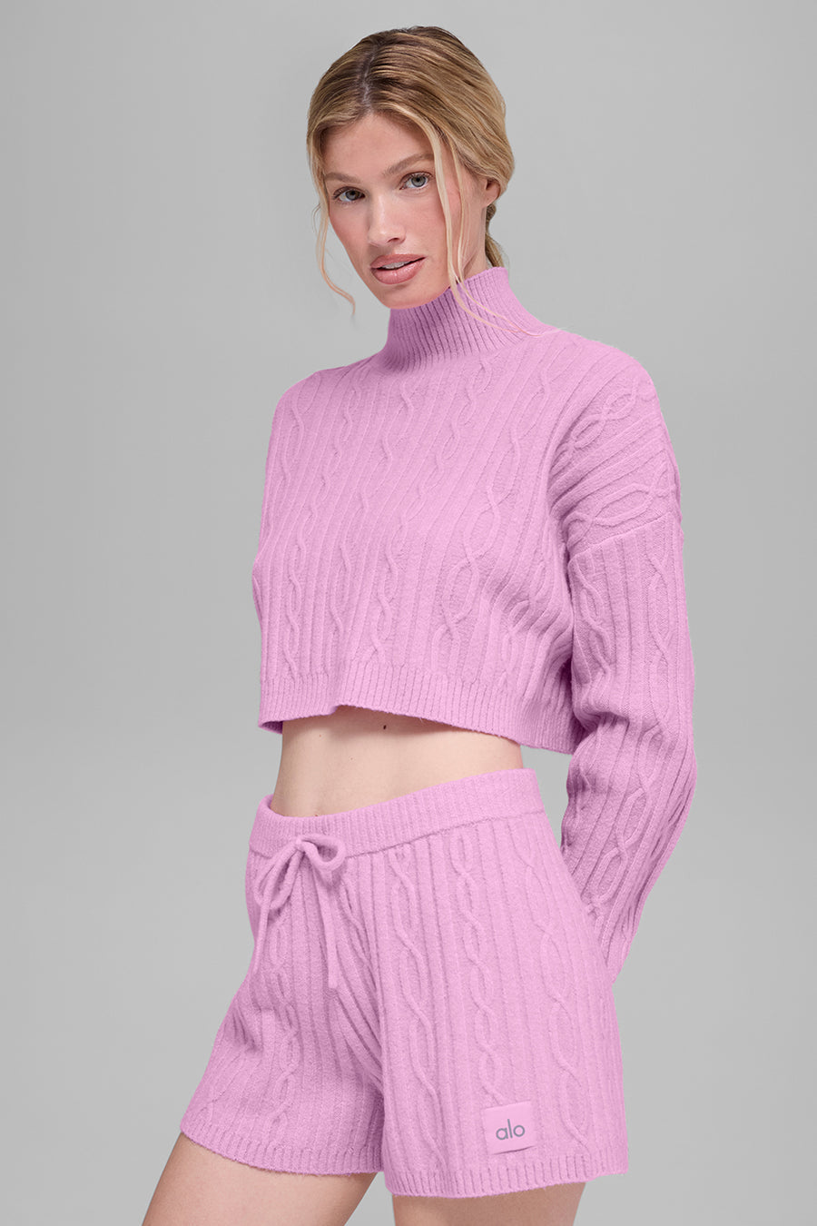 Alo Cable Knit Cropped Winter Bliss Turtleneck Long Sleeve Candy Heart Pink