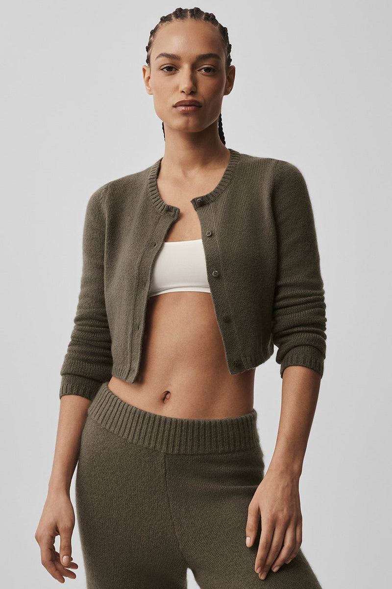 Alo Wool Cashmere New Class Cropped Cardigan Olive Tree