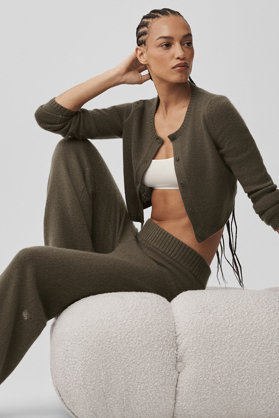 Alo Wool Cashmere New Class Cropped Cardigan Olive Tree