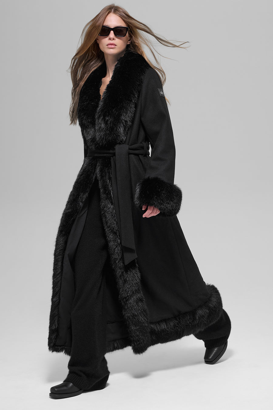 Alo Faux Fur Trimmed Longline Coat Black