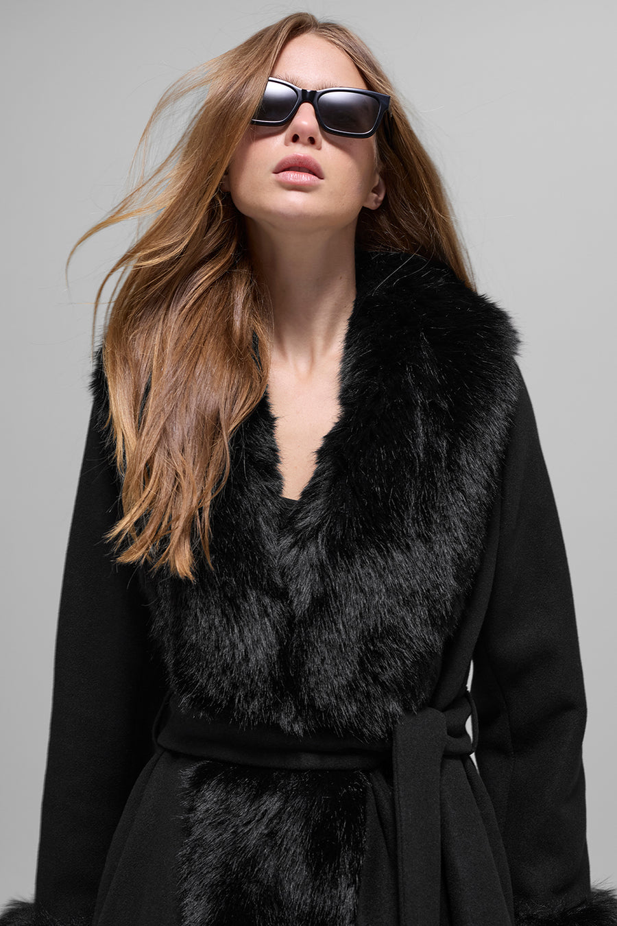 Alo Faux Fur Trimmed Longline Coat Black