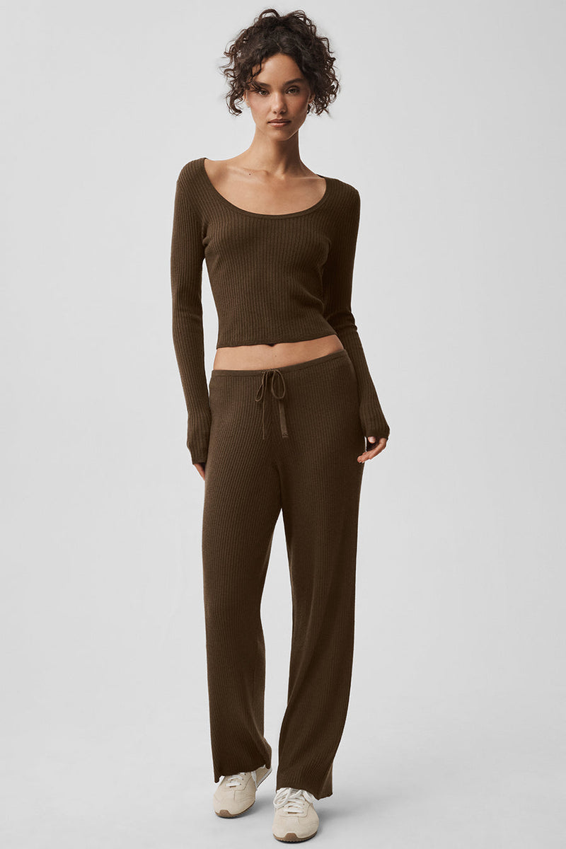 Alo Sweater Knit Mid-Rise Unwind Wide Leg Pant Espresso