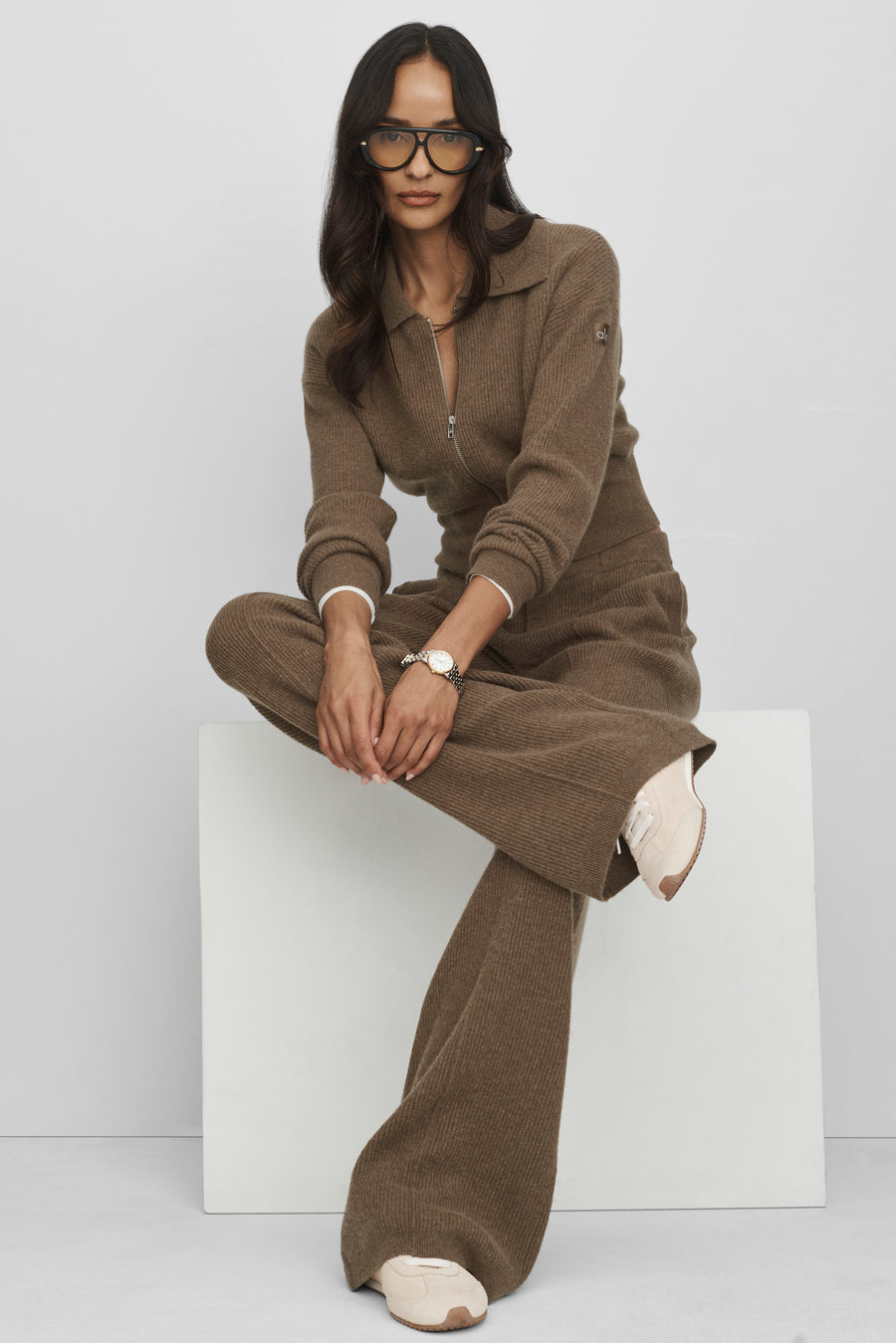 Alo Cashmere Wool Low-Rise Harmony Trouser (Long) Java Brown Heather