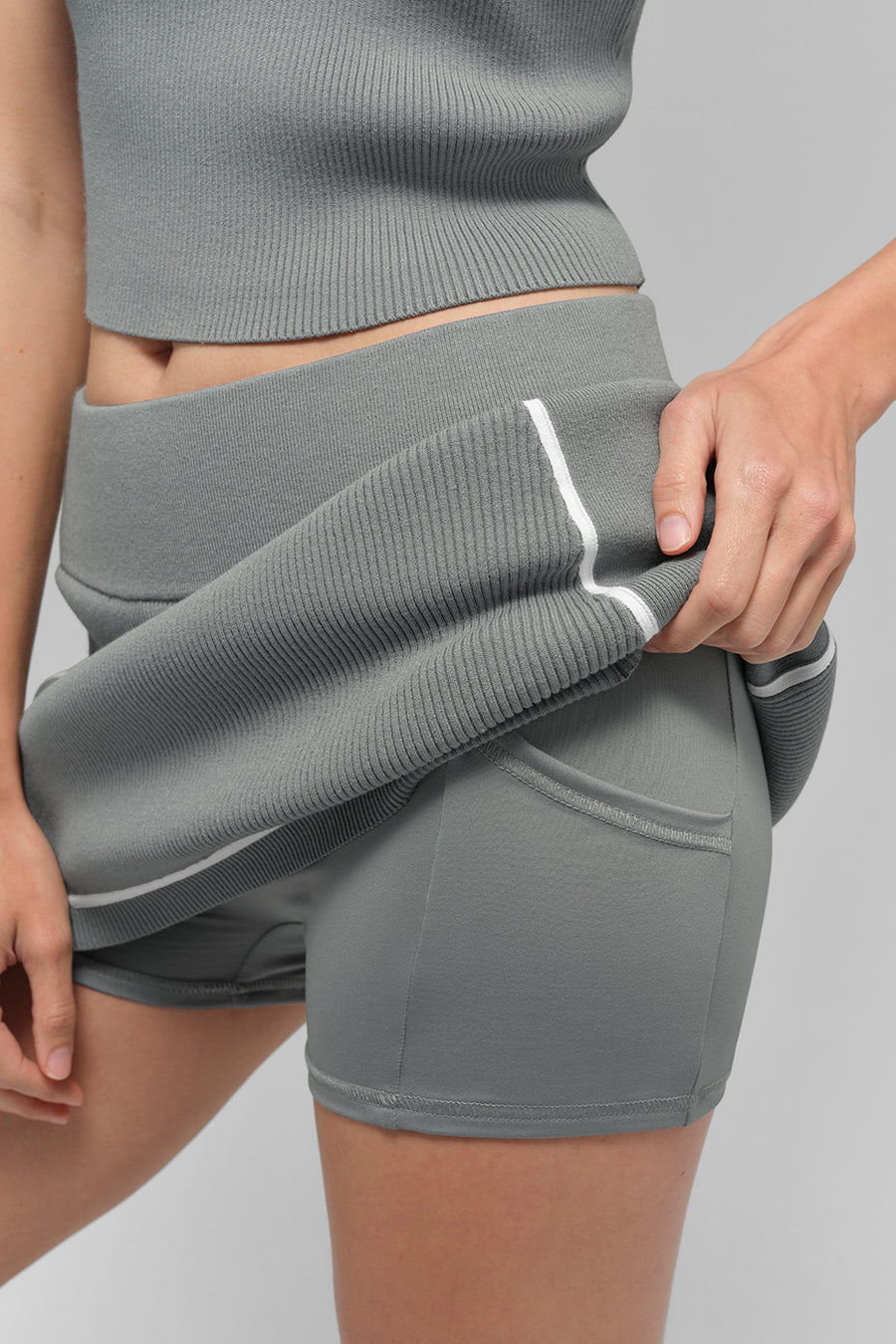 Alo Ribbed Sweater Knit Highline Mini Skirt Lunar Grey/White