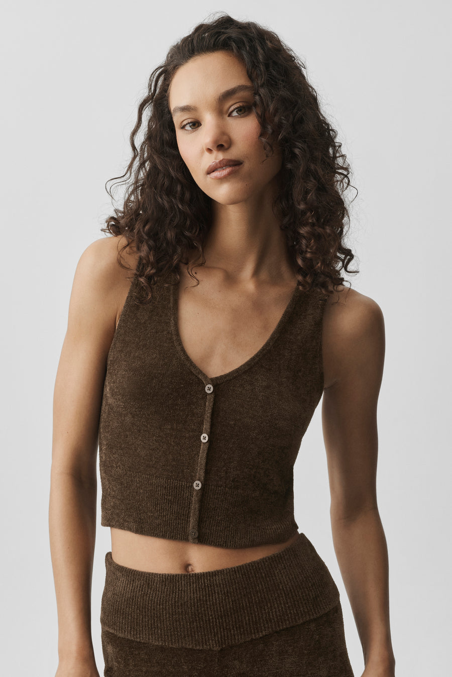 Alo Micro Chenille Button Down Tank Espresso