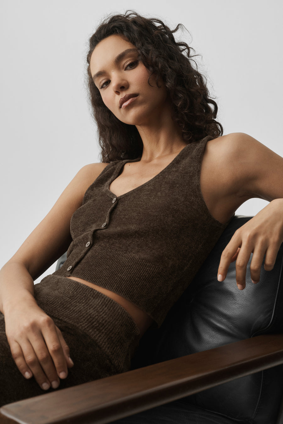 Alo Micro Chenille Button Down Tank Espresso